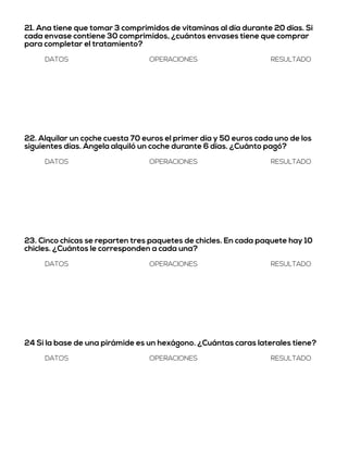 21. Ana tiene que tomar 3 comprimidos de vitaminas al día durante 20 días. Si
cada envase contiene 30 comprimidos, ¿cuántos envases tiene que comprar
para completar el tratamiento?
DATOS OPERACIONES RESULTADO
22. Alquilar un coche cuesta 70 euros el primer día y 50 euros cada uno de los
siguientes días. Ángela alquiló un coche durante 6 días. ¿Cuánto pagó?
DATOS OPERACIONES RESULTADO
23. Cinco chicas se reparten tres paquetes de chicles. En cada paquete hay 10
chicles. ¿Cuántos le corresponden a cada una?
DATOS OPERACIONES RESULTADO
24 Si la base de una pirámide es un hexágono. ¿Cuántas caras laterales tiene?
DATOS OPERACIONES RESULTADO
 