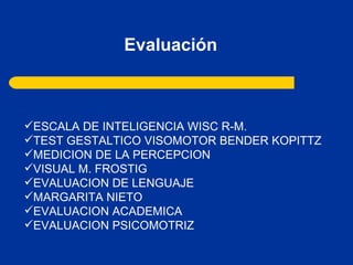   Evaluación ESCALA DE INTELIGENCIA WISC R-M. TEST GESTALTICO VISOMOTOR BENDER KOPITTZ MEDICION DE LA PERCEPCION  VISUAL M. FROSTIG EVALUACION DE LENGUAJE MARGARITA NIETO EVALUACION ACADEMICA EVALUACION PSICOMOTRIZ 