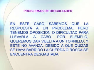 PROBLEMAS DE DIFICULTADESEN ESTE CASO SABEMOS QUE LA RESPUESTA A UN PROBLEMA, PERO TENEMOS OPOSICION O DIFICULTAD PARA LLEVARLA A CABO. POR EJEMPLO, QUEREMOS DAR VUELTA A UN TORNILLO, Y ESTE NO AVANZA, DEBIDO A QUE QUIZAS SE HAYA BARRIDO LA CUERDA O ROSCA SE ENCUENTRA DESGASTADA.