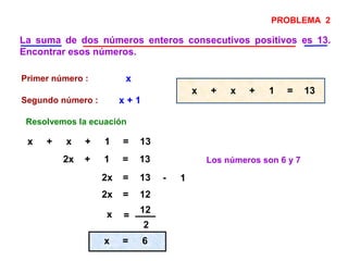 La suma de dos números enteros consecutivos positivos es 13.
Encontrar esos números.
PROBLEMA 2
Primer número :
Segundo número :
x
x + 1
+ x + 1 = 13x
Resolvemos la ecuación
+ x + 1 = 13x
2x + 1 = 13
-2x = 13 1
2x = 12
x = 6
Los números son 6 y 7
2
x =
12
 