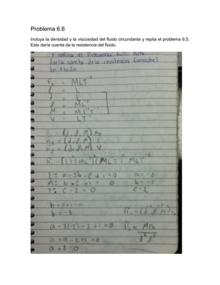 Problema 6.6
Incluya la densidad y la viscosidad del fluido circundante y repita el problema 6.5. Esto daría cuenta de la resistencia del fluido.