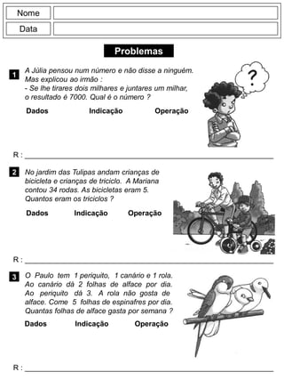 Problemas
1
R : _____________________________________________________________
2
R : _____________________________________________________________
Nome
Data
3
R : _____________________________________________________________
O Paulo tem 1 periquito, 1 canário e 1 rola.
Ao canário dá 2 folhas de alface por dia.
Ao periquito dá 3. A rola não gosta de
alface. Come 5 folhas de espinafres por dia.
Quantas folhas de alface gasta por semana ?
A Júlia pensou num número e não disse a ninguém.
Mas explicou ao irmão :
- Se lhe tirares dois milhares e juntares um milhar,
o resultado é 7000. Qual é o número ?
Dados Indicação Operação
Dados Indicação Operação
No jardim das Tulipas andam crianças de
bicicleta e crianças de triciclo. A Mariana
contou 34 rodas. As bicicletas eram 5.
Quantos eram os triciclos ?
Dados Indicação Operação
 