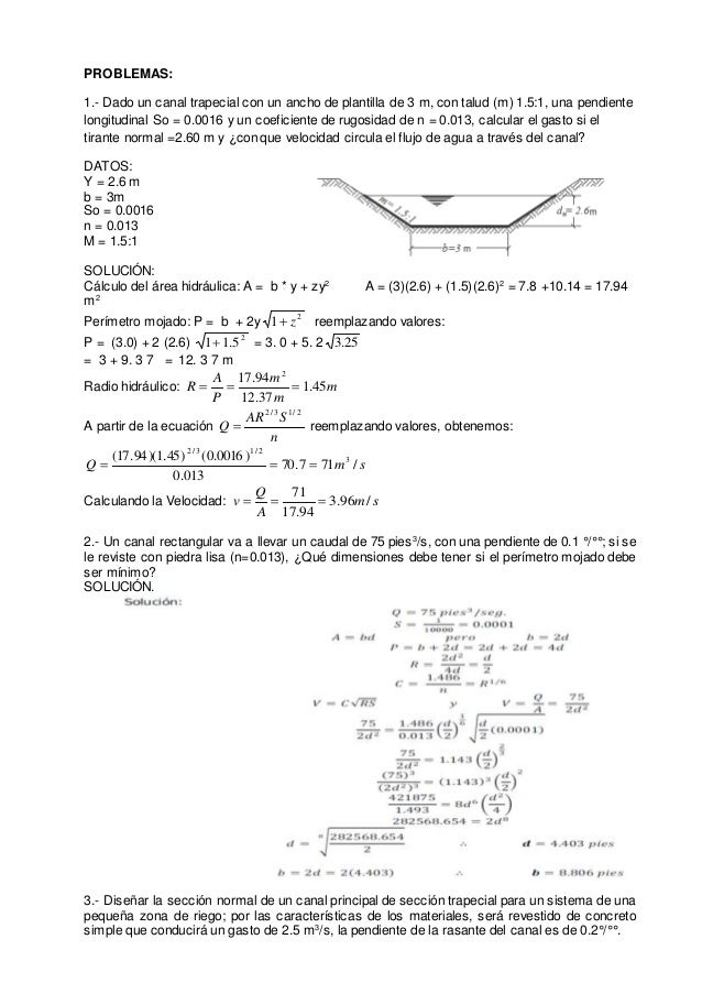 Se tiene un canal trapezoidal de 2m de espejo de agua