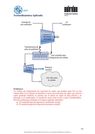 Termodinámica Aplicada
Problema 6
Un sistema de refrigeración por inyección de vapor, que produce agua fría en una
cámara flash. En la cámara se mantiene el vacio con el inyector de vapor, que retira el
vapor generado mediante su arrastre por el chorro de vapor de baja presión y lo
descarga en el condensador. La bomba de vacio retira el aire y gases incondensables.
Para las condiciones mostradas en la figura siguiente, determine:
a) El caudal del agua de reposición o producida, en kg/h.
b) El caudal de agua de refrigeración necesaria, en kg/h.
4/61
Downloaded by Carlos Ubaldo Labra Fierro (carlos.labra2101@alumnos.ubiobio.cl)
lOMoARcPSD|11246813
 
