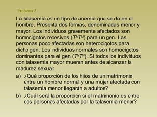 Problema 3
La talasemia es un tipo de anemia que se da en el
hombre. Presenta dos formas, denominadas menor y
mayor. Los individuos gravemente afectados son
homocigotos recesivos (TM
TM
) para un gen. Las
personas poco afectadas son heterocigotos para
dicho gen. Los individuos normales son homocigotos
dominantes para el gen (TN
TN
). Si todos los individuos
con talasemia mayor mueren antes de alcanzar la
madurez sexual:
a) ¿Qué proporción de los hijos de un matrimonio
entre un hombre normal y una mujer afectada con
talasemia menor llegarán a adultos?
b) ¿Cuál será la proporción si el matrimonio es entre
dos personas afectadas por la talasemia menor?
 