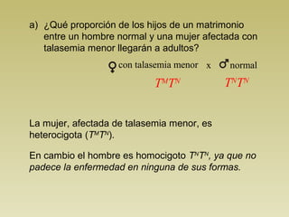 a) ¿Qué proporción de los hijos de un matrimonio
entre un hombre normal y una mujer afectada con
talasemia menor llegarán a adultos?
La mujer, afectada de talasemia menor, es
heterocigota (TM
TN
).
En cambio el hombre es homocigoto TN
TN
, ya que no
padece la enfermedad en ninguna de sus formas.
TM
TN TN
TN
con talasemia menor normalx
 