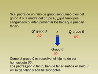 Si el padre de un niño de grupo sanguíneo 0 es del
grupo A y la madre del grupo B, ¿qué fenotipos
sanguíneos pueden presentar los hijos que puedan
tener?
Grupo 0
Como el grupo 0 es recesivo, el hijo ha de ser
homocigoto 00 .
B0
00
A0
grupo A grupo Bx
Los padres,por lo tanto, han de tener ambos el alelo 0
en su genotipo y son heterocigotos.
 