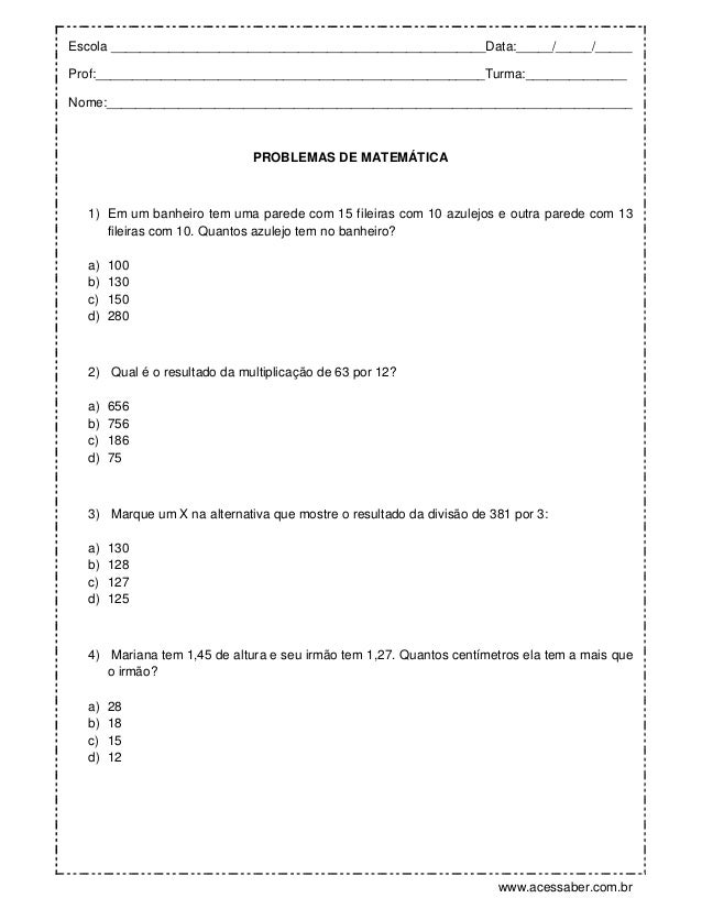 Problemas de matematica 5 ano Problemas de matematica 5 ano