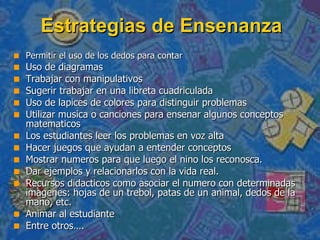Estrategias de Ensenanza <ul><li>Permitir el uso de los dedos para contar </li></ul><ul><li>Uso de diagramas </li></ul><ul...