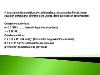 4. Las constantes numéricas son adicionales y las constantes físicas tienen
ecuación dimensional diferente de la unidad, dado que cuentan con unidades:
Constantes numéricas:
e = 2.718281………(base del logaritmo neperiano)
π = 3.14159……
Constantes físicas:
G = 6.67 x 10-11= N.m2/Kg2, (Constantes de gravitación universal)
K = 9 x 109 N.m2/C2, (Constantes de coulomb)
g = 9.8 m/s2, (Aceleración de gravedad).
 