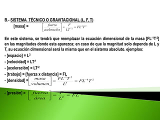B.- SISTEMA TÉCNICO O GRAVITACIONAL (L, F, T)
[masa] =
En este sistema, se tendrá que reemplazar la ecuación dimensional de la masa [FL-1T-2]
en las magnitudes donde esta aparezca; en caso de que la magnitud solo dependa de L y
T, su ecuación dimensional será la misma que en el sistema absoluto. ejemplos:
- [espacio] = L3
- [velocidad] = LT-1
- [aceleración] = LT-2
- [trabajo] = [fuerza x distancia] = FL
- [densidad] =
- [presión] =
2
1
2
T
FL
LT
F
n
aceleració
fuerza 









2
4
3
2
1
T
FL
L
T
FL
volumen
masa 









2
2









FL
L
F
área
fuerza
 