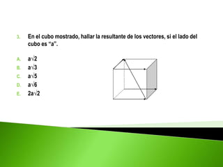 3. En el cubo mostrado, hallar la resultante de los vectores, si el lado del
cubo es “a”.
A. a√2
B. a√3
C. a√5
D. a√6
E. 2a√2
 