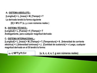 A.- SISTEMA ABSOLUTO.-
[Longitud] = L, [masa] = M, [Tiempo] = T
La derivada tendrá la forma siguiente
[D] = MxLyT2 (x, y, z son números reales )
B.- SISTEMA TÉCNICO.-
[Longitud] = L, [Fuerza] = F, [Tiempo] = T
Análogamente, para cualquier magnitud derivada:
C.- SISTEMA INTERNACIONAL.-
[Longitud] = L, [masa] = M, [Tiempo] = T, [Temperatura] = θ, [Intensidad de corriente
eléctrica] = I, [Intensidad luminosa] = J, [Cantidad de sustancia] = v Luego, cualquier
magnitud derivada en el SI tendrá la forma:
[S] = LaMbTcρdIeJfvg (a, b, c, d, e, f, g son números reales)
 