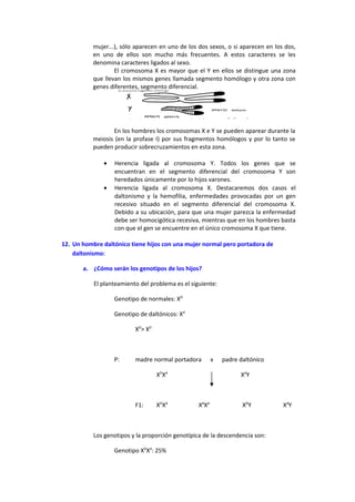 mujer...), sólo aparecen en uno de los dos sexos, o si aparecen en los dos,
en uno de ellos son mucho más frecuentes. A estos caracteres se les
denomina caracteres ligados al sexo.
El cromosoma X es mayor que el Y en ellos se distingue una zona
que llevan los mismos genes llamada segmento homólogo y otra zona con
genes diferentes, segmento diferencial.
En los hombres los cromosomas X e Y se pueden aparear durante la
meiosis (en la profase I) por sus fragmentos homólogos y por lo tanto se
pueden producir sobrecruzamientos en esta zona.
• Herencia ligada al cromosoma Y. Todos los genes que se
encuentran en el segmento diferencial del cromosoma Y son
heredados únicamente por lo hijos varones.
• Herencia ligada al cromosoma X. Destacaremos dos casos el
daltonismo y la hemofilia, enfermedades provocadas por un gen
recesivo situado en el segmento diferencial del cromosoma X.
Debido a su ubicación, para que una mujer parezca la enfermedad
debe ser homocigótica recesiva, mientras que en los hombres basta
con que el gen se encuentre en el único cromosoma X que tiene.
12. Un hombre daltónico tiene hijos con una mujer normal pero portadora de
daltonismo:
a. ¿Cómo serán los genotipos de los hijos?
El planteamiento del problema es el siguiente:
Genotipo de normales: XD
Genotipo de daltónicos: Xd
XD
> XD
P: madre normal portadora x padre daltónico
XD
Xd
Xd
Y
F1: XD
Xd
Xd
Xd
XD
Y Xd
Y
Los genotipos y la proporción genotípica de la descendencia son:
Genotipo XD
Xd
: 25%
 