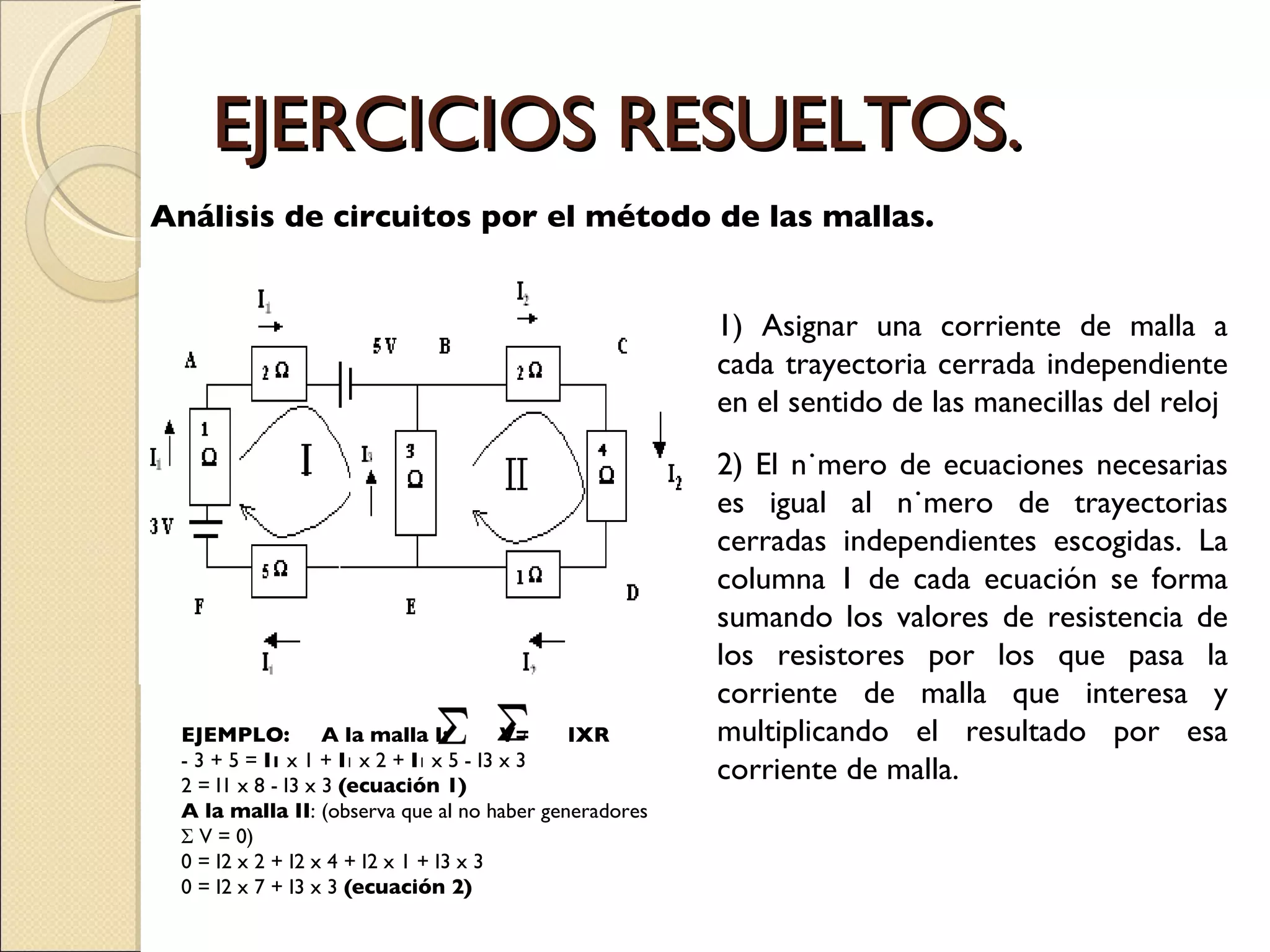 EJERCICIOS RESUELTOS. Análisis de circuitos por el método de las mallas.  1) Asignar una corriente de malla a cada trayectoria cerrada independiente en el sentido de las manecillas del reloj  2) El número de ecuaciones necesarias es igual al número de trayectorias cerradas independientes escogidas. La columna 1 de cada ecuación se forma sumando los valores de resistencia de los resistores por los que pasa la corriente de malla que interesa y multiplicando el resultado por esa corriente de malla. EJEMPLO:  A la malla I:  V=  IXR - 3 + 5 =  I 1  x 1 +  I 1  x 2 +  I 1  x 5 - I3 x 3 2 = I1 x 8 - I3 x 3  (ecuación 1) A la malla II : (observa que al no haber generadores  Σ V = 0) 0 = I2 x 2 + I2 x 4 + I2 x 1 + I3 x 3 0 = I2 x 7 + I3 x 3  (ecuación 2) 
