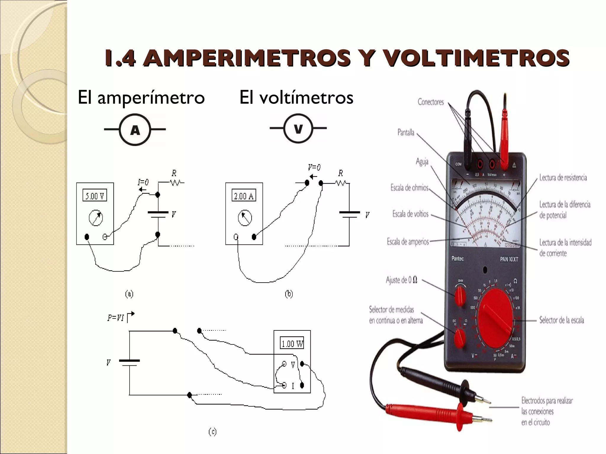 1.4 AMPERIMETROS Y VOLTIMETROS El amperímetro El voltímetros 