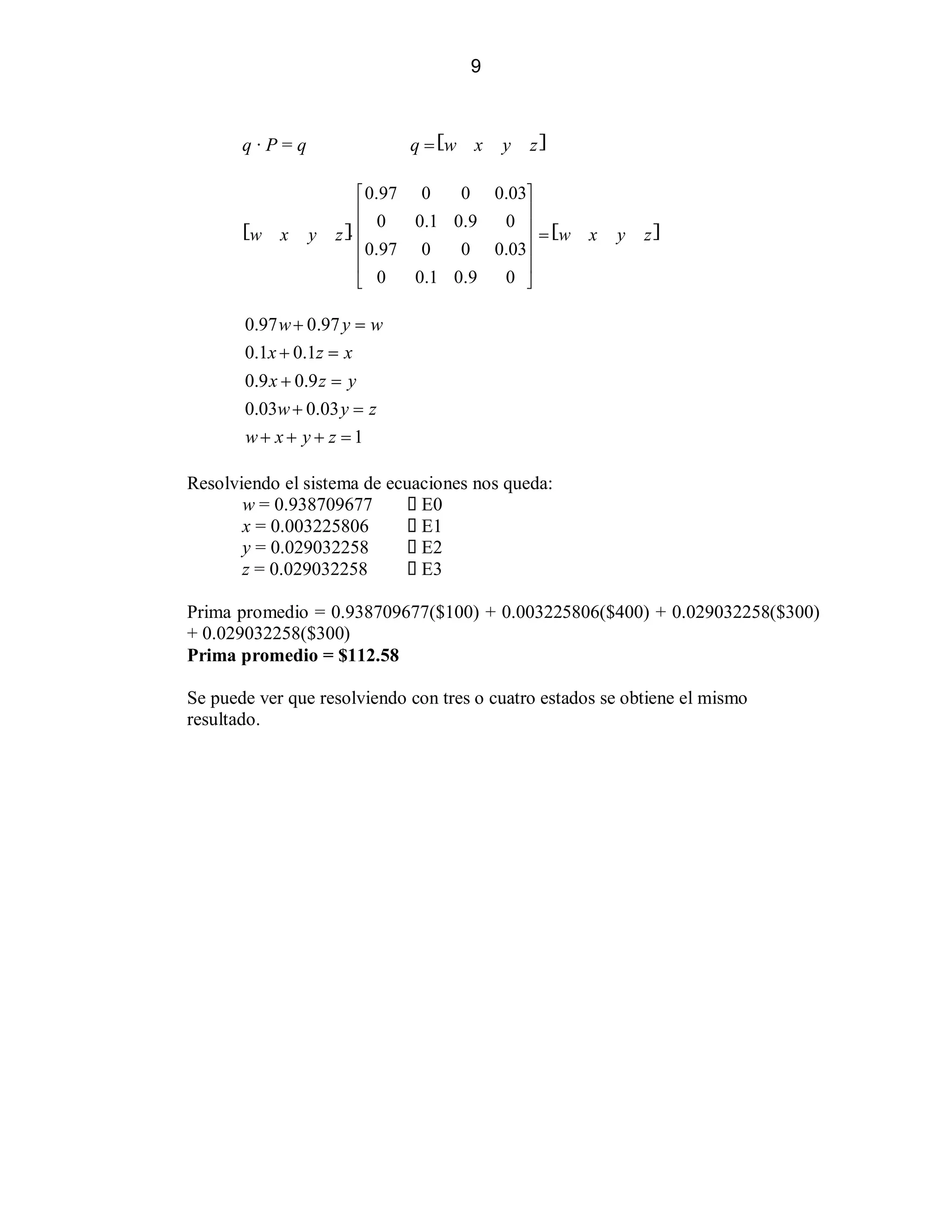 9

q ! ?w x

q·P=q

x

y

zA

0 0.03»
«0.97 0
¬ 0
0.1 0.9
0 ¼
¼ !?
z A™ ¬
¬0.97 0
0 0.03¼
¬
¼
0.1 0.9
0 ½
­ 0

 

?

y

x

y

zA

 

0.97 w  0.97 y ! w
0.1x  0.1z ! x
0.9 x  0.9 z ! y
0.03w  0.03 y ! z
w x  y  z !1
Resolviendo el sistema de ecuaciones nos queda:
w = 0.938709677
E0
x = 0.003225806
E1
y = 0.029032258
E2
z = 0.029032258
E3
Prima promedio = 0.938709677($100) + 0.003225806($400) + 0.029032258($300)
+ 0.029032258($300)
Prima promedio = $112.58
Se puede ver que resolviendo con tres o cuatro estados se obtiene el mismo
resultado.

 