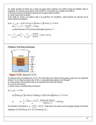 Un cable anclado al fondo de un lago de agua dulce sostiene una esfera hueca de plástico bajo la
superficie. El volumen de la esfera es de 0,650 m3
y la tensión en el cable es de 900 N.
a) Calcule la fuerza de flotación ejercida por el agua sobre la esfera.
b) ¿Qué masa tiene la esfera
b) El cable se rompe y la esfera sube a la superficie. En equilibrio, ¿Qué fracción de volumen de la
esfera estará sumergida?
a) ( )( )( ) N.6370m650.0sm80.9mkg1000.1 3233
water =×== gVρB
b) kg.5582
sm9.80
N900-N6370
==== −
g
TB
g
w
m
c) (See Exercise 14.23.) If the submerged volume is ,V ′
%.9.858590.
N6370
N5470
and
waterwater
====
′
=′
gVρ
w
V
V
gρ
w
V
Problema 14.25 Sears Zemansky
Un bloque cubico de Madera de 10 cm. Por lado flota en la interfaz entre aceite y agua con su superficie
inferior 1,5 cm. Bajo la interfaz (fig 14.32). La densidad del aceite es de 790 kg/m3
a) ¿Qué presion manometrica hay en la superficie de arriba del bloque?
b) ¿y en la cara inferior
c) ¿Qué masa y densidad tiene el bloque?
a) Pa.116oiloil =ghρ
b) ( )( ) ( )( )( )( ) Pa.921sm80.9m0150.0mkg1000m100.0mkg790 233
=+
c)
( ) ( )( )
( ) kg.822.0
sm80.9
m100.0Pa805
2
2
topbottom
==
−
==
g
App
g
w
m
The density of the block is ( )
.822 33
m
kg
m10.0
kg822.0
==p Note that is the same as the average density of the fluid
displaced, ( )( ) ( ) .)mkg1000(15.0mkg79085.0 33
+
12
 