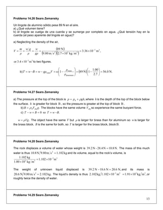 Problema 14.26 Sears Zemansky
Un lingote de aluminio sólido pesa 89 N en el aire.
a) ¿Qué volumen tiene?
b) el lingote se cuelga de una cuerda y se sumerge por completo en agua. ¿Qué tensión hay en la
cuerda (el peso aparente del lingote en agua)?
a) Neglecting the density of the air,
( )
( )( ) ,m1036.3
mkg107.2sm80.9
N89 33
332
−
×=
×
====
gρ
w
ρ
gw
ρ
m
V
33
m104.3or −
× to two figures.
b) ( ) N.0.56
7.2
00.1
1N891
aluminum
water
water =⎟
⎠
⎞
⎜
⎝
⎛
−=⎟⎟
⎠
⎞
⎜⎜
⎝
⎛
−=−=−=
ρ
ρ
ωVgρwBwT
Problema 14.27 Sears Zemansky
a) The pressure at the top of the block is ,0 ghpp ρ+= where is the depth of the top of the block below
the surface. is greater for block Β , so the pressure is greater at the top of block Β .
h
h
b) .objfl gVB ρ= The blocks have the same volume so experience the same buoyant force.objV
c) .so0 BwTBwT −==+−
The object have the same V but is larger for brass than for aluminum so is larger for
the brass block.
.ρVgw = ρ w
B is the same for both, so T is larger for the brass block, block B.
Problema 14.28 Sears Zemansky
The rock displaces a volume of water whose weight is N.10.8N28.4-N2.39 = The mass of this much
water is thus kg102.1sm9.80N8.10 2
= and its volume, equal to the rock’s volume, is
33
33
m10102.1
mkg101.00
kg102.1 −
×=
×
The weight of unknown liquid displaced is N,20.6N18.6N2.39 =− and its mass is
kg.102.2sm9.80N6.20 2
= The liquid’s density is thus 33
m101.102kg102.2 −
× ,mkg1091.1 33
×= or
roughly twice the density of water.
13
Problema 14.29 Sears Zemansky
 