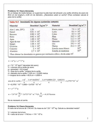 Problema 14.1 Sears Zemansky
En un trabajo de medio tiempo, un supervisor le pide traer del almacén una varilla cilíndrica de acero de
85,8 cm de longitud y 2,85 cm de diámetro. ¿Necesitara usted un carrito? (Para contestar calcule el
peso de la varilla)
g*V*g*mw ρ==
ρ = 7,8 * 103
kg/m3
(densidad del acero)
V = volumen de la varilla de acero
g = gravedad = 9,8 m/seg2
V = área de la varilla * longitud de la varilla
d = diámetro de la varilla = 2,85 cm = 0,0285 metros
l = longitud de la varilla = 85,8 cm = 0,858 m
24-
22
m10*6,3793
4
0,002551
4
0,00081225*3,14
4
(0,0285)*3.14
4
d
varillaladearea =====
π
V = 6,3793 * 10-4
* 0,858 = 5,4735 * 10-4
m3
g*V*w ρ=
Newton41,83
seg
m
9,8*m10*5,4735*
m
kg
10*7,8w 2
34-
3
3
==
No es necesario el carrito.
Problema 14.2 Sears Zemansky
El radio de la luna es de 1740 km. Su masa es de 7,35 * 1022
kg. Calcule su densidad media?
V = volumen de la luna
R = radio de la luna = 1740 km = 174 * 104
m
2
 