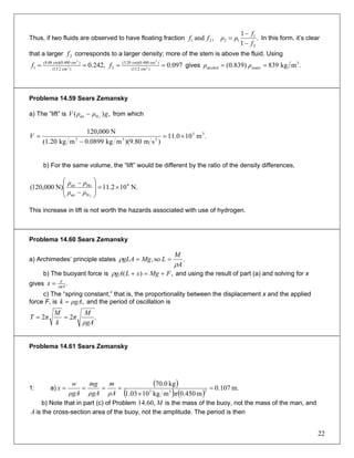 Thus, if two fluids are observed to have floating fraction .
1
1
,and
2
1
1221
f
f
ρρff
−
−
= In this form, it’s clear
that a larger corresponds to a larger density; more of the stem is above the fluid. Using2f
097.0,242.0 )cm2.13(
)cmcm)(0.40020.3(
2)cm2.13(
)cmcm)(0.40000.8(
1 3
2
3
2
==== ff gives .mkg839)839.0( 3
wateralcohol == ρρ
Problema 14.59 Sears Zemansky
a) The “lift” is from which,)( 2Hair gρρV −
.m100.11
)sm80.9)(mkg0899.0mkg(1.20
N000,120 33
233
×=
−
=V
b) For the same volume, the “lift” would be different by the ratio of the density differences,
N.102.11N)000,120( 4
Hair
Heair
2
×=
⎟
⎟
⎠
⎞
⎜
⎜
⎝
⎛
−
−
ρρ
ρρ
This increase in lift is not worth the hazards associated with use of hydrogen.
Problema 14.60 Sears Zemansky
a) Archimedes’ principle states .so,
A
M
LMggLA
ρ
ρ ==
b) The buoyant force is ,)( FMgxLgA +=+ρ and using the result of part (a) and solving for x
gives .ρgA
F
x =
c) The “spring constant,” that is, the proportionality between the displacement x and the applied
force F, is and the period of oscillation is,ρgAk =
.22
ρgA
M
π
k
M
πT ==
Problema 14.61 Sears Zemansky
1: a)
( )
( ) ( )
m.107.0
m450.0mkg1003.1
kg0.70
233
=
×
====
πρA
m
ρgA
mg
ρgA
w
x
b) Note that in part (c) of Problem is the mass of the buoy, not the mass of the man, andM,60.14
A is the cross-section area of the buoy, not the amplitude. The period is then
22
 