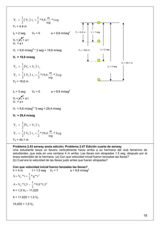 Y1 =
       1
         ( Vf ) t 1 = 1 * 9,8 m *1seg
       2              2      seg
Y1 = 4,9 m
                                                Y1 = 4,9 m       t1 = 1 seg
t2 = 2 seg      V0 = 0         a = 9,8 m/seg2
        0
Vf = V0 + a t
Vf = a t

Vf = 9,8 m/seg2 * 2 seg = 19,6 m/seg               Y2 = 19,6 m                t2 = 2 seg


Vf = 19,6 m/seg
                                                                                                   Y3 = 44,1 m
Y2 = (V0 + Vf ) t 2
    1
                                                                                      t3 = 3 seg
    2
Y2 = ( Vf ) t 2 = * 19,6
    1            1        m
                             * 2 seg
    2            2       seg
Y2 = 19,6 m


t3 = 3 seg      V0 = 0         a = 9,8 m/seg2
        0
Vf = V0 + a t
Vf = a t

Vf = 9,8 m/seg2 *3 seg = 29,4 m/seg

Vf = 29,4 m/seg


Y3 =
    1
      (V0 + Vf ) t 3
    2
Y3 = ( Vf ) t 3 = * 29,4
    1            1        m
                             * 3seg
    2            2       seg
Y3 = 44,1 m

Problema 2.43 serway sexta edición; Problema 2.47 Edición cuarta de serway
Una estudiante lanza un llavero verticalmente hacia arriba a su hermana del club femenino de
estudiantes, que esta en una ventana 4 m arriba. Las llaves son atrapadas 1.5 seg. después por el
brazo extendido de la hermana. (a) Con que velocidad inicial fueron lanzadas las llaves?
(b) Cual era la velocidad de las llaves justo antes que fueran atrapadas?

Con que velocidad inicial fueron lanzadas las llaves?
h=4m        t = 1,5 seg V0 = ?          a = 9,8 m/seg2
             1
h = V0 * t +   *g*t2
             2
               1
4 = V0 * 1,5 - * 9,8 * 1,5 2
               2
4 = 1,5 V0 – 11,025

4 + 11,025 = 1,5 V0

15,025 = 1,5 V0


                                                                                                                 16
 