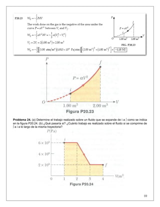 Problema 24. (a) Determine el trabajo realizado sobre un fluido que se expande de i a ∫ como se indica
en la figura P20.24. (b) ¿Qué pasaría si? ¿Cuánto trabajo es realizado sobre el fluido si se comprime de
∫ a i a lo largo de la misma trayectoria?

10

 