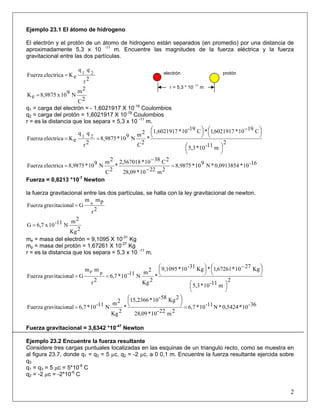 Ejemplo 23.1 El átomo de hidrogeno
El electrón y el protón de un átomo de hidrogeno están separados (en promedio) por una distancia de
aproximadamente 5,3 x 10 -11
m. Encuentre las magnitudes de la fuerza eléctrica y la fuerza
gravitacional entre las dos partículas.
2r
qq
eKelectricaFuerza 21
=
2C
2m
N910x8,9875eK =
q1 = carga del electrón = - 1,6021917 X 10-19
Coulombios
q2 = carga del protón = 1,6021917 X 10-19
Coulombios
r = es la distancia que los separa = 5,3 x 10 -11
m.
2
m11-10*5,3
C1910*6021917,1*C19-10*1,6021917
*
2C
2m
N910*8,9875
2r
qq
eKelectricaFuerza 21
⎟
⎠
⎞⎜
⎝
⎛
⎟
⎠
⎞⎜
⎝
⎛ −
⎟
⎠
⎞⎜
⎝
⎛
==
16-10*0,0913854*N910*8,9875
2m2210*09,28
2C3810*567018,2
*
2C
2m
N910*8,9875electricaFuerza =
−
−
=
Fuerza = 0,8213 *10-7
Newton
la fuerza gravitacional entre las dos partículas, se halla con la ley gravitacional de newton.
2r
pmm
GnalgravitacioFuerza e
=
2Kg
2m
N11-10x6,7G =
me = masa del electrón = 9,1095 X 10-31
Kg
mp = masa del protón = 1,67261 X 10-27
Kg
r = es la distancia que los separa = 5,3 x 10 -11
m.
2
m11-10*5,3
Kg2710*67261,1*Kg31-10*9,1095
*
2Kg
2m
N11-10*6,7
2r
mm
GnalgravitacioFuerza
p
⎟
⎠
⎞⎜
⎝
⎛
⎟
⎠
⎞⎜
⎝
⎛ −
⎟
⎠
⎞⎜
⎝
⎛
==
e
36-10*0,5424*N11-10*6,7
2m22-10*09,28
2Kg58-10*15,2366
*
2Kg
2m
N11-10*6,7nalgravitacioFuerza =
⎟
⎠
⎞⎜
⎝
⎛
=
Fuerza gravitacional = 3,6342 *10-47
Newton
Ejemplo 23.2 Encuentre la fuerza resultante
Considere tres cargas puntuales localizadas en las esquinas de un triangulo recto, como se muestra en
al figura 23.7, donde q1 = q3 = 5 µc, q2 = -2 µc, a 0 0,1 m. Encuentre la fuerza resultante ejercida sobre
q3
q1 = q3 = 5 µc = 5*10-6
C
q2 = -2 µc = -2*10-6
C
2
protónelectrón
r = 5,3 * 10
- 11
m
 