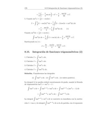 30 2.10 Miscelánea de sucesiones (2)
9. Podemos escribir:
3
5n
+
5
10n
+
7
15n
+ · · · +
2n + 1
5n2
=
3
5
+
5
10
+
7
15
+ · · · +
2n + 1
5n
n
.
Ahora bien, como lı́m
n→+∞
2n + 1
5n
=
2
5
deducimos del criterio de la media
aritmética que L =
2
5
.
10. Consideremos como contraejemplo la sucesión no convergente an =
(−1)n, y sea bn = (a1 +a2 +· · ·+an)/n la sucesión de sus medias aritméticas.
Las subsucesiones de las medias aritméticas para términos pares e impares
son:
b2n =
−1 + 1 − 1 + · · · + 1
2n
= 0,
b2n−1 =
−1 + 1 − 1 + · · · − 1
2n − 1
=
−1
2n − 1
.
Se verifica {b2n} → 0 y b2n−1 → 0 de lo cual se deduce que {bn} → 0.
Es decir, la sucesión {an} no es convergente, pero si lo es la de sus medias
aritméticas.
2.10. Miscelánea de sucesiones (2)
1. Calcular L = lı́m
n→+∞
n
r
7
3
·
9
6
·
11
9
· . . . ·
2n + 5
3n
.
2. Demostrar que lı́m
n→+∞
n
√
n = 1.
3. Sabiendo que lı́m
n→+∞
n
√
n = 1, calcular lı́m
n→+∞
n
√
1 + 3n.
4. Sea {xn} una sucesión tal que xn ≥ −1 para todo n, y {xn} → 0. Demos-
trar que para todo p entero positivo se verifica lı́m
n→+∞
p
√
1 + xn = 1.
5. Calcular lı́m
n→+∞

1
√
n2 + 1
+ · · · +
1
√
n2 + n

.
6. Sea a  1. Demostrar que lı́m
n→+∞
n
an
= 0.
7. Calcular lı́m
n→+∞
log n!
log nn
.
Solución. 1. Se verifica lı́m
n→+∞
2n + 5
3n
=
2
3
, por tanto L =
2
3
como conse-
cuencia del criterio de la media geométrica.
 