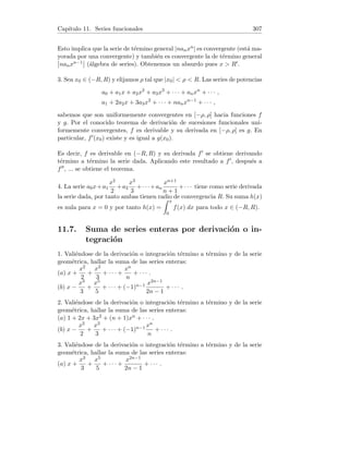 Capı́tulo 4. Derivadas 59
4.3. Derivación de funciones algebraicas
1. Demostrar que si f(x) = k es función constante, entonces f0(x) = 0 para
todo x ∈ R.
2. Demostrar que si f(x) = x, entonces f0(x) = 1 para todo x ∈ R.
3. Demostrar que si f(x) = xn con n entero positivo, entonces f0(x) = nxn−1
para todo x ∈ R.
4. Usando conocidos teoremas de derivación, hallar las derivadas de las fun-
ciones polinómicas: (a) f(x) = x7. (b) g(x) = 8x5. (c) h(x) = 4x5 − 6x4 +
3x2 + 6x − 11.
5. Usando la fórmula de la derivada de un cociente, calcular las deriva-
das de las funciones racionales: (i) f(x) =
a + bx
c + dx
(a, b, c, d constantes).
(ii) g(x) =
3x + 5
x2 − 4x + 3
.
6. Hallar y0 siendo:
(a) y = 3
3
√
x2 − 2
√
x5 +
1
x3
. (b) y =
1 −
√
x
1 +
√
x
. (c) y = 4x6
√
5x3.
Solución. 1. Aplicando la definición de derivada:
f0
(x) = lı́m
h→0
f(x + h) − f(x)
h
= lı́m
h→0
k − k
h
= lı́m
h→0
0
h
= lı́m
h→0
0 = 0.
2. Aplicando la definición de derivada:
f0
(x) = lı́m
h→0
f(x + h) − f(x)
h
= lı́m
h→0
x + h − x
h
= lı́m
h→0
h
h
= lı́m
h→0
1 = 1.
3. Aplicando la definición de derivada:
f0
(x) = lı́m
h→0
f(x + h) − f(x)
h
= lı́m
h→0
(x + h)n − xn
h
.
Usando la fórmula del binomio de Newton:
f0
(x) = lı́m
h→0
n
0

xn + n
1

xn−1h + n
2

xn−1h2 + . . . + n
n

hn − xn
h
=
lı́m
h→0

n
1

xn−1
+

n
2

xn−1
h2
+ . . . +

n
n

hn−1

=

n
1

xn−1
= nxn−1
.
4. (a) Usando (xn)0
= nxn−1, tenemos f0(x) = 7x6.
(b) Usando (ku(x))0
= ku0(x) si k constante: g0(x) = 8(5x4) = 40x4.
 