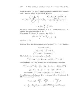 68 4.9 Derivación por fórmulas
5.
d
dx
arsh x =
d
dx
log

x +
√
x2 + 1

=
1 +
2x
2
√
x2 + 1
x +
√
x2 + 1
=
√
x2 + 1 + x
√
x2 + 1

x +
√
x2 + 1
 =
1
√
x2 + 1
.
d
dx
arch x =
d
dx
log

x +
√
x2 − 1

=
1 +
2x
2
√
x2 − 1
x +
√
x2 − 1
=
√
x2 − 1 + x
√
x2 − 1

x +
√
x2 − 1
 =
1
√
x2 − 1
.
d
dx
arth x =
d
dx

1
2
log
1 + x
1 − x

=
1
2
d
dx
(log(1 + x) − log(1 − x))
=
1
2

1
1 + x
+
1
1 − x

=
1
2
2
1 − x2
=
1
1 − x2
.
6.
d
dx

log
r
1 + sen x
1 − sen x

=
d
dx

1
2
(log(1 + sen x) − log(1 − sen x))

=
1
2

cos x
1 + sen x
+
cos x
1 − sen x

=
1
2
2 cos x
1 − sen2 x
=
cos x
cos2 x
=
1
cos x
= sec x
7.
y0
=
1
2
p
x2 + a +
x
2
2x
2
√
x2 + a
+
a
2
1
x +
√
x2 + a

1 +
2x
2
√
x2 + a

=
√
x2 + a
2
+
x2
2
√
x2 + a
+
a
2
1
x +
√
x2 + a
√
x2 + a + x
√
x2 + a
=
√
x2 + a
2
+
x2
2
√
x2 + a
+
a
2
√
x2 + a
=
√
x2 + a
2
+
x2 + a
2
√
x2 + a
=
√
x2 + a
2
+
√
x2 + a
2
=
p
x2 + a.
8.
f0
(x) =
1
2
r
√
x +
1
√
x




1
2
√
x
+
−
1
2
√
x
x



 .
f0
(4) =
1
2
r
2 +
1
2

1
4
−
1
16

=
1
2
r
5
2
3
16
=
3
√
2
8
√
5
=
3
√
10
40
.
 