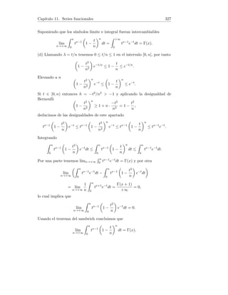 Capı́tulo 4. Derivadas 79
Se verifica 1 = Ax(x + 1) + B(x + 1) + Cx2 e identificando coeficientes,
1 = B, 0 = A + B, y 0 = A + C. Resolviendo el sistema obtenemos A = −1,
B = C = 1. La función dada se puede pues expresar en la forma
f(x) = f1(x) + f2(x) + f3(x) con f1(x) = −
1
x
, f2(x) =
1
x2
, f3(x) =
1
x + 1
.
Entonces, f(n)(x) = f
(n)
1 (x) + f
(n)
2 (x) + f
(n)
3 (x). Siguiendo el procedimiento
estándar usado en otros apartados para la derivada enésima de funciones de
la forma 1/(x + a) deducimos fácilmente que:
f(n)
(x) = (−1)n
n!

−
1
xn+1
+
n + 1
xn+2
+
1
(x + 1)n+1

.
4.14. Fórmula de Leibniz de la derivada enésima
1. Desarrollar la fórmula de Leibniz en el caso n = 4.
2. Siendo f(x) =
√
x log(x+1) calcular f(4)(1) usando la fórmula de Leibniz.
3. Siendo f(x) = ex sen x calcular f(4)(π/2).
4. Usando la fórmula de Leibniz, hallar la derivada enésima de la función
f(x) = eαxx2.
5. Demostrar la fórmula de Leibniz en los casos n = 2 y n = 3.
6. Demostrar la fórmula de Leibniz para la derivada enésima del producto:
Sean u, v : I → R dos funciones con derivadas hasta orden n en todos los
puntos del intervalo I ⊂ R. Entonces, se verifica en I :
(uv)(n)
=
n
X
k=0

n
k

u(n−k)
v(k)
,
en donde u(0) denota u y v(0) denota v.
7. Usando la fórmula de Leibniz, calcular y(n) para y = xex.
Solución. 1. Tenemos
(uv)(4)
=

4
0

u(4)
v(0)
+

4
1

u(3)
v(1)
+

4
2

u(2)
v(2)
+

4
3

u(1)
v(3)
+

4
4

u(0)
v(4)
= u(4)
v + 4u000
v0
+ 6u00
v00
+ 4u0
v000
+ uv(4)
.
 