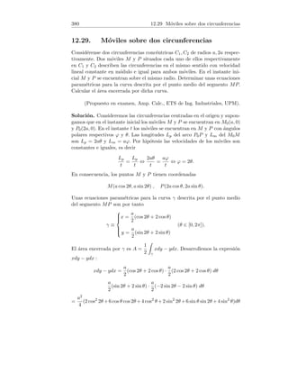 100 4.25 Ecuación diferencial y fórmula de Leibniz
Eligiendo u = y00, v = 1 + x2 obtenemos
(y00
(1 + x2
))(n−2)
= y(n)
(1 + x2
) +

n − 2
1

y(n−1)
2x +

n − 2
2

y(n−2)
2
+0 + . . . + 0.
Para x = 0 :
(y00
(1 + x2
))(n−2)
(0) = y(n)
(0) + 2

n − 2
2

y(n−2)
(0)
= y(n)
(0) + (n − 2)(n − 3)y(n−2)
(0). (2)
Eligiendo ahora u = y0, v = x :
(y0
x)(n−2)
= y(n−1)
x +

n − 2
1

y(n−2)
1 + 0 + . . . + 0.
Para x = 0 :
(y0
x)(n−2)
(0) =

n − 2
1

y(n−2)
(0) = (n − 2)y(n−2)
(0). (3)
Derivando n − 2 veces la igualdad (1), sustituyendo x = 0 y usando (2) y
(3):
y(n)
(0) + (n − 2)(n − 3)y(n−2)
+ (n − 2)y(n−2)
= 0.
Despejando y(n)(0) obtenemos y(n)(0) = −(n − 2)2y(n−2)(0). Por tanto, co-
nociendo y0(0), y00(0) tendremos la fórmula que nos da la derivada de orden
n de y en x = 0. Del apartado a) deducimos que y0(0) = 0 y que y00(0) = 2.
Esto implica que las derivadas de orden impar son todas nulas. Hallemos las
de orden par:
y00
(0) = 2,
y(4)
(0) = −(4 − 2)2
2 = −22
2,
y(6)
(0) = −(6 − 2)2
(−22
2) = 42
22
2,
y(8)
(0) = −(8 − 2)2
(42
22
2) = −62
42
22
2,
. . .
y(n)
(0) = (−1)
n
2
+1
2(n − 2)2
(n − 4)2
· . . . · 22
.
Podemos pues expresar y(n)(0) (n ≥ 1) de la siguiente manera:
y(n)
(0) =

0 si n impar
(−1)
n
2
+1
2((2n − 2)!!)2 si n par.
 