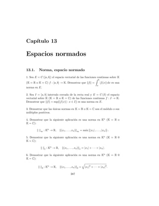 Capı́tulo 5. Teoremas del valor medio 107
Esta igualdad se verifica para c = 0 ∈ (−1, 1).
6. La función f(x) = x2 satisface claramente las hipótesis del teorema de
Lagrange en el intervalo [1, 3]. La abscisa del punto pedido sabemos que
corresponde a cualquier c satisfaciendo:
f0
(c) =
f(3) − f(1)
3 − 1
, o equivalentemente 2c = 4.
Es decir, c = 2 y el punto pedido es por tanto P(2, 22) = P(2, 4).
7. La función f(t) = sen t es derivable (y por tanto continua) en R. En
consecuencia satisface las hipótesis del teorema de Lagrange en el intervalo
[x, x + h]. Esto implica que existe c ∈ (x, x + h) tal que
f0
(c) =
f(x + h) − f(x)
(x + h) − x
=
sen (x + h) − sen x
h
.
Dado que f0(c) = cos c, queda sen (x+h)−sen x = h cos c con x  c  x+h.
8. Para todo x  0 tenemos x  2x. Al ser f derivable en [0. + ∞), es
continua en [x, 2x] y derivable en (x, 2x). Por el teorema de Lagrange, existe
un c (que depende de x) tal que
f0
(c) =
f(2x) − f(x)
2x − x
=
f(2x) − f(x)
x
.
Teniendo en cuenta que si x → +∞ entonces c → +∞ :
lı́m
x→+∞
f(2x) − f(x)
x
= lı́m
x→+∞
f0
(c) = lı́m
c→+∞
f0
(c) = A.
9. Sean x1 y x2 dos puntos de (a, b) con x1  x2. Como f es derivable
en (a, b), es derivable en (x1, x2) y continua en [x1, x2]. Por tanto podemos
aplicar el teorema de Lagrange a la función f en el intervalo [x1, x2], es decir
existe c ∈ (x1, x2) tal que
f(x1) − f(x2) = f0
(c)(x2 − x1).
Como f0(x) = 0 para todo x ∈ (a, b) se deduce f(x1) − f(x2) = 0 o equi-
valentemente f(x1) = f(x2). Hemos demostrado que f(x1) = f(x2) para
cualquier par de números x1 y x2 en (a, b) lo cual implica que f es constante
en (a, b).
 