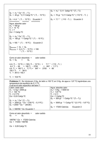 Q1 = m1 * Ce * (Tf – T1) 
Q1 = 40 gr. * 0,11 Cal/gr.ºC * ( Tf - 15 ºC ) 
Q1 = 4,4 * ( Tf - 15 ºC ) Ecuación 1 
========= ====== ======== 
Agua: absorbe calor 
m2 = 180 gr. 
T1 = 15 ºC 
Tf = ? 
Ce = 1 Cal/gr.ºC 
Q2 = m2 * Ce * (Tf – T1) 
Q2 = 180 gr. * 1 Cal/gr.ºC * ( Tf - 15 ºC ) 
Q2 = 180 * ( Tf - 16 ºC ) Ecuación 2 
Qabsorbido = Q1 + Q2 
Qabsorbido = 4,4 ( Tf - 15 ºC ) + 180 
* ( Tf - 15 ºC) 
Q3 = m3 * 0,11 Cal/gr.ºC * (T1 – Tf) 
Q3 = 70 gr * 0,11 Cal/gr.ºC * ( 110 ºC - Tf ) 
Q3 = 7,7 * ( 110 - Tf ) Ecuación 3 
Como el calor absorbido = calor cedido 
Q1 + Q2 = Q3 
4,4 ( Tf - 15 ºC ) + 180 ( Tf - 15 ºC ) = 7,7 * ( 110 - Tf ) 
4,4 Tf - 66 + 180 Tf - 2700 = 847 - 7,7 Tf 
4,4 Tf + 180 Tf + 7,7 Tf = 847 + 2700 + 66 
192,1 Tf = 3613 
Tf = 3613 / 192,1 
Tf = 18,8 ºC 
Problema 21. Se introducen 2 Kg. de latón a 100 ºC en 5 Kg. de agua a 1,67 ºC lográndose una temperatura de equilibrio de 5,11 ºC 
Cual es el calor especifico del latón ? 
Latón: cede calor 
m1 = 2 kg = 2000 gr. 
T1 = 100 ºC 
Tf = 5,11ºC 
Ce = 0,03 Cal/gr.ºC 
Q1 = m1 * Ce * (T1 – Tf) 
Q1 = 2000 gr. * Ce * (100 ºC - 5,11ºC ) 
Q1 = 2000 * Ce * (94,89) 
Q1 = 189780 * Ce Ecuación 1 
Agua: absorbe calor 
m2 = 5 Kg. = 5000 Gr 
T2 = 1,67 ºC 
Tf = 5,11 
Ce = 1 Cal/gr.ºC 
Q2 = 500 gr * 1 Cal/gr.ºC * (Tf – T2) 
Q2 = 5000 gr * 1 Cal/gr.ºC * (5,11ºC - 1,67 ºC) 
Q2 = 17200 Calorías Ecuación 2 
Como el calor absorbido = calor cedido 
Q1 = Q2 
189780 * Ce = 17200 Calorías 
Ce = 17200 / 189780 
Ce = 0,09 Cal/gr.ºC 
10 
 