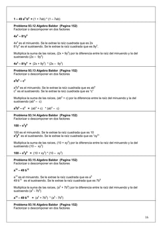 1 – 49 a2 b2 = (1 + 7ab) * (1 – 7ab)
Problema 93.12 Algebra Baldor (Pagina 152)
Factorizar o descomponer en dos factores
4x2 – 81y4
4x2 es el minuendo. Se le extrae la raíz cuadrada que es 2x
81y4 es el sustraendo. Se le extrae la raíz cuadrada que es 9y2.
Multiplica la suma de las raíces, (2x + 9y2) por la diferencia entre la raíz del minuendo y la del
sustraendo (2x – 9y2)
4x2 – 81y4 = (2x + 9y2) * (2x – 9y2)
Problema 93.13 Algebra Baldor (Pagina 152)
Factorizar o descomponer en dos factores
a2b8 – c2
a2b8 es el minuendo. Se le extrae la raíz cuadrada que es ab4
c2 es el sustraendo. Se le extrae la raíz cuadrada que es “c”
Multiplica la suma de las raíces, (ab4 + c) por la diferencia entre la raíz del minuendo y la del
sustraendo (ab4 – c)
a2b8 – c2 = (ab4 + c) * (ab4 – c)
Problema 93.14 Algebra Baldor (Pagina 152)
Factorizar o descomponer en dos factores
100 – x2y6
100 es el minuendo. Se le extrae la raíz cuadrada que es 10
x2y6 es el sustraendo. Se le extrae la raíz cuadrada que es “xy3”
Multiplica la suma de las raíces, (10 + xy3) por la diferencia entre la raíz del minuendo y la del
sustraendo (10 – xy3)
100 – x2y6 = (10 + xy3) * (10 – xy3)
Problema 93.15 Algebra Baldor (Pagina 152)
Factorizar o descomponer en dos factores
a10 – 49 b12
a10 es el minuendo. Se le extrae la raíz cuadrada que es a5
49 b12 es el sustraendo. Se le extrae la raíz cuadrada que es 7b6
Multiplica la suma de las raíces, (a5 + 7b6) por la diferencia entre la raíz del minuendo y la del
sustraendo (a5 - 7b6)
a10 – 49 b12 = (a5 + 7b6) * (a5 - 7b6)
Problema 93.16 Algebra Baldor (Pagina 152)
Factorizar o descomponer en dos factores

16

 