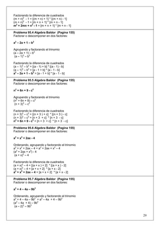 Factorando la diferencia de cuadrados
(m + n)2 - 1 = [(m + n) + 1] * [(m + n) - 1]
(m + n)2 - 1 = [m + n + 1] * [m + n - 1]
m2 + 2mn + n2 - 1 = [m + n + 1] * [m + n - 1]
Problema 95.4 Algebra Baldor (Pagina 155)
Factorar o descomponer en dos factores:
a2 – 2a + 1 – b2
Agrupando y factorando el trinomio
(a – 2a + 1) – b2
(a – 1)2 – b2
Factorando la diferencia de cuadrados
(a – 1)2 – b2 = [(a - 1) + b] * [(a - 1) - b]
(a – 1)2 – b2 = [a - 1 + b] * [a - 1 - b]
a2 – 2a + 1 – b2 = [a - 1 + b] * [a - 1 - b]
Problema 95.5 Algebra Baldor (Pagina 155)
Factorar o descomponer en dos factores:
n2 + 6n + 9 - c2
Agrupando y factorando el trinomio
(n2 + 6n + 9) – c2
(n + 3)2 – c2
Factorando la diferencia de cuadrados
(n + 3)2 – c2 = [(n + 3 ) + c] * [(n + 3 ) - c]
(n + 3)2 – c2 = [n + 3 + c] * [n + 3 - c]
n2 + 6n + 9 - c2 = [n + 3 + c] * [n + 3 - c]
Problema 95.6 Algebra Baldor (Pagina 155)
Factorar o descomponer en dos factores:
a2 + x2 + 2ax - 4
Ordenando, agrupando y factorando el trinomio
a2 + x2 + 2ax – 4 = a2 + 2ax + x2 – 4
(a2 + 2ax + x2) - 4
(a + x)2 – 4
Factorando la diferencia de cuadrados
(a + x)2 – 4 = [(a + x ) + 2] * [(a + x ) - 2]
(a + x)2 – 4 = [a + x + 2] * [a + x - 2]
a2 + x2 + 2ax – 4 = [a + x + 2] * [a + x - 2]
Problema 95.7 Algebra Baldor (Pagina 155)
Factorar o descomponer en dos factores:
a2 + 4 – 4a – 9b2
Ordenando, agrupando y factorando el trinomio
a2 + 4 – 4a – 9b2 = a2 – 4a + 4 – 9b2
(a2 – 4a + 4) – 9b2
(a – 2)2 – 9b2

29

 