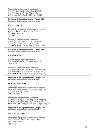 Factorando la diferencia de cuadrados
(a – 2)2 – 9b2= [(a - 2) + 3b] * [(a - 2) - 3b]
(a – 2)2 – 9b2= [a - 2 + 3b] * [a - 2 - 3b]
a2 + 4 – 4a – 9b2 = [a - 2 + 3b] * [a - 2 - 3b]
Problema 95.8 Algebra Baldor (Pagina 155)
Factorar o descomponer en dos factores:
x2 + 4y2 – 4xy – 1
Ordenando, agrupando y factorando el trinomio
x2 + 4y2 – 4xy – 1 = x2 – 4xy + 4y2 – 1
(x2 – 4xy + 4y2) – 1
(x – 2y)2 – 1
Factorando la diferencia de cuadrados
(x – 2y)2 – 1 = [(x – 2y) + 1] * [(x – 2y) - 1]
(x – 2y)2 – 1 = [x – 2y + 1] * [x – 2y - 1]
x2 + 4y2 – 4xy – 1 = [x – 2y + 1] * [x – 2y - 1]
Problema 95.9 Algebra Baldor (Pagina 155)
Factorar o descomponer en dos factores:
a2 – 6ay + 9y2 - 4x2
Agrupando y factorando el trinomio
a2 – 6ay + 9y2 - 4x2 = (a2 – 6ay + 9y2) – 4X2
(a – 3y)2 – 4x2
Factorando la diferencia de cuadrados
(a – 3y)2 – 4x2 = [(a – 3y) + 2x] * [(a – 3y) - 2x]
(a – 3y)2 – 4x2 = [a – 3y + 2x] * [a – 3y - 2x]
a2 – 6ay + 9y2 - 4x2 = [a – 3y + 2x] * [a – 3y - 2x]
Problema 95.10 Algebra Baldor (Pagina 155)
Factorar o descomponer en dos factores:
4x2 + 25y2 – 36 + 20xy
Ordenando, agrupando y factorando el trinomio
4x2 + 25y2 – 36 + 20xy = 4x2 + 20 xy + 25y2 – 36
(4x2 + 20 xy + 25y2) – 36
(2x + 5y)2 – 36
Factorando la diferencia de cuadrados
(2x + 5y)2 – 36 = [(2x + 5y) + 6] * [(2x + 5y) - 6]
(2x + 5y)2 – 36 = [2x + 5y + 6] * [2x + 5y - 6]
4x2 + 25y2 – 36 + 20xy = [2x + 5y + 6] * [2x + 5y - 6]
Problema 95.11 Algebra Baldor (Pagina 155)
Factorar o descomponer en dos factores:
9x2 – 1 + 16a2 – 24ax
Ordenando, agrupando y factorando el trinomio
9x2 – 1 + 16a2 – 24ax = 9x2 – 24ax + 16a2 – 1
(9x2 – 24ax + 16a2) – 1
(3x - 4a)2 – 1

30

 
