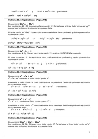 35m2n3 ÷ 35m2 = n3

- 70m3 ÷ 35m2 = - 2m

y

y tendremos:

35m2n3 - 70m3 = 35m2 (n3 – 2m)
Problema 89.15 Algebra Baldor (Pagina 145)
Descomponer 24a2xy2 - 36x2y4
Los coeficientes 24 y 36 tienen como factor común 12. De las letras, el único factor común es “xy2 “
por que esta en los dos términos de la expresión dada.
El factor común es “12xy2 “. Lo escribimos como coeficiente de un paréntesis y dentro ponemos los
cocientes de dividir
24a2xy2 ÷ 12xy2 = 2a2

y

- 36x2y4

÷ 12xy2 = - 3xy2

y tendremos:

24a2xy2 - 36x2y4 = 12xy2 (2a2 - 3xy2)
Problema 89.17 Algebra Baldor (Pagina 145)
Descomponer 4x2 - 8x + 2
Los coeficientes 4, 8 y 2 tienen como factor común 2. Las letras NO TIENEN factor común.
El factor común es “2 “. Lo escribimos como coeficiente de un paréntesis y dentro ponemos los
cocientes de dividir
4x2 ÷ 2 = 2x2

- 8x ÷ 2 = - 4x

y

2 ÷2=1

y tendremos:

4x2 - 8x + 2 = 2 (2x2 - 4 + 1)
Problema 89.19 Algebra Baldor (Pagina 145)
Descomponer a3 - a2x + ax2
a3 , a2x y ax2 contienen el factor común que es “a“.
Escribimos el factor común “a“ como coeficiente de un paréntesis. Dentro del paréntesis escribimos
los cocientes de dividir;
a3 ÷ a = a2
- a2x ÷ a = - ax
y ax2 ÷ a = x2
y tendremos:
a3 - a2x + ax2 = a (a2 – ax + x2)
Problema 89.21 Algebra Baldor (Pagina 145)
Descomponer x3 + x5 - x7
x3 , x5 y x7 contienen el factor común que es “x3 “.
Escribimos el factor común “x3 “ como coeficiente de un paréntesis. Dentro del paréntesis escribimos
los cocientes de dividir;
x3 ÷ x3 = 1
x5 ÷ x3 = x2
y - x7 ÷ x3 = - x4
y tendremos:
x3 + x5 - x7 = x3 (1 + x2 – x4)
Problema 89.23 Algebra Baldor (Pagina 145)
Descomponer 34ax2 + 51a2y - 68ay2
Los coeficientes 34, 51 y 68 tienen como factor común 17. De las letras, el único factor común es “a “
por que esta en los tres términos de la expresión dada.

6

 