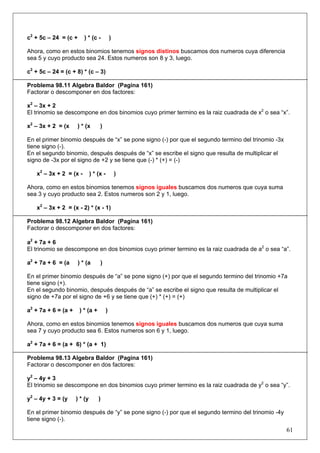 c2 + 5c – 24 = (c +

) * (c -

)

Ahora, como en estos binomios tenemos signos distinos buscamos dos numeros cuya diferencia
sea 5 y cuyo producto sea 24. Estos numeros son 8 y 3, luego.
c2 + 5c – 24 = (c + 8) * (c – 3)
Problema 98.11 Algebra Baldor (Pagina 161)
Factorar o descomponer en dos factores:
x2 – 3x + 2
El trinomio se descompone en dos binomios cuyo primer termino es la raiz cuadrada de x2 o sea “x”.
x2 – 3x + 2 = (x

) * (x

)

En el primer binomio después de “x” se pone signo (-) por que el segundo termino del trinomio -3x
tiene signo (-).
En el segundo binomio, después después de “x” se escribe el signo que resulta de multiplicar el
signo de -3x por el signo de +2 y se tiene que (-) * (+) = (-)
x2 – 3x + 2 = (x -

) * (x -

)

Ahora, como en estos binomios tenemos signos iguales buscamos dos numeros que cuya suma
sea 3 y cuyo producto sea 2. Estos numeros son 2 y 1, luego.
x2 – 3x + 2 = (x - 2) * (x - 1)
Problema 98.12 Algebra Baldor (Pagina 161)
Factorar o descomponer en dos factores:
a2 + 7a + 6
El trinomio se descompone en dos binomios cuyo primer termino es la raiz cuadrada de a2 o sea “a”.
a2 + 7a + 6 = (a

) * (a

)

En el primer binomio después de “a” se pone signo (+) por que el segundo termino del trinomio +7a
tiene signo (+).
En el segundo binomio, después después de “a” se escribe el signo que resulta de multiplicar el
signo de +7a por el signo de +6 y se tiene que (+) * (+) = (+)
a2 + 7a + 6 = (a +

) * (a +

)

Ahora, como en estos binomios tenemos signos iguales buscamos dos numeros que cuya suma
sea 7 y cuyo producto sea 6. Estos numeros son 6 y 1, luego.
a2 + 7a + 6 = (a + 6) * (a + 1)
Problema 98.13 Algebra Baldor (Pagina 161)
Factorar o descomponer en dos factores:
y2 – 4y + 3
El trinomio se descompone en dos binomios cuyo primer termino es la raiz cuadrada de y2 o sea “y”.
y2 – 4y + 3 = (y

) * (y

)

En el primer binomio después de “y” se pone signo (-) por que el segundo termino del trinomio -4y
tiene signo (-).

61

 