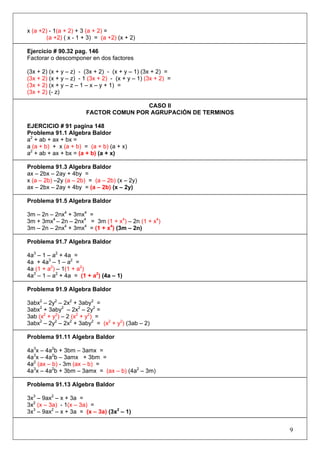 x (a +2) - 1(a + 2) + 3 (a + 2) =
(a +2) ( x - 1 + 3) = (a +2) (x + 2)
Ejercicio # 90.32 pag. 146
Factorar o descomponer en dos factores
(3x + 2) (x + y – z) - (3x + 2) - (x + y – 1) (3x + 2) =
(3x + 2) (x + y – z) - 1 (3x + 2) - (x + y – 1) (3x + 2) =
(3x + 2) (x + y – z – 1 – x – y + 1) =
(3x + 2) (- z)
CASO II
FACTOR COMUN POR AGRUPACIÓN DE TERMINOS
EJERCICIO # 91 pagina 148
Problema 91.1 Algebra Baldor
a2 + ab + ax + bx =
a (a + b) + x (a + b) = (a + b) (a + x)
a2 + ab + ax + bx = (a + b) (a + x)
Problema 91.3 Algebra Baldor
ax – 2bx – 2ay + 4by =
x (a – 2b) –2y (a – 2b) = (a – 2b) (x – 2y)
ax – 2bx – 2ay + 4by = (a – 2b) (x – 2y)
Problema 91.5 Algebra Baldor
3m – 2n – 2nx4 + 3mx4 =
3m + 3mx4 – 2n – 2nx4 = 3m (1 + x4) – 2n (1 + x4)
3m – 2n – 2nx4 + 3mx4 = (1 + x4) (3m – 2n)
Problema 91.7 Algebra Baldor
4a3 – 1 – a2 + 4a =
4a + 4a3 – 1 – a2 =
4a (1 + a2) – 1(1 + a2)
4a3 – 1 – a2 + 4a = (1 + a2) (4a – 1)
Problema 91.9 Algebra Baldor
3abx2 – 2y2 – 2x2 + 3aby2 =
3abx2 + 3aby2 – 2x2 – 2y2 =
3ab (x2 + y2) – 2 (x2 + y2) =
3abx2 – 2y2 – 2x2 + 3aby2 = (x2 + y2) (3ab – 2)
Problema 91.11 Algebra Baldor
4a3x – 4a2b + 3bm – 3amx =
4a3x – 4a2b – 3amx + 3bm =
4a2 (ax – b) - 3m (ax – b) =
4a3x – 4a2b + 3bm – 3amx = (ax – b) (4a2 – 3m)
Problema 91.13 Algebra Baldor
3x3 – 9ax2 – x + 3a =
3x2 (x – 3a) - 1(x – 3a) =
3x3 – 9ax2 – x + 3a = (x – 3a) (3x2 – 1)

9

 