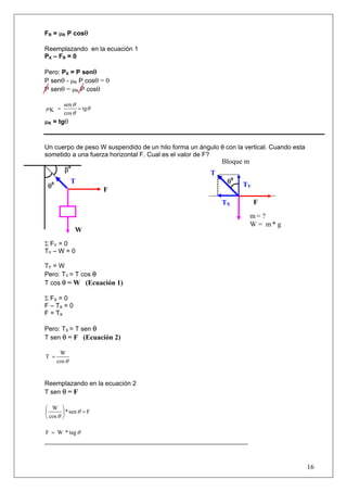 FR = μK P cosθ

Reemplazando en la ecuación 1
PX – FR = 0

Pero: PX = P senθ
P senθ - μK P cosθ = 0
P senθ = μK P cosθ

          sen θ
μK =            = tgθ
          cos θ
μK = tgθ


Un cuerpo de peso W suspendido de un hilo forma un ángulo θ con la vertical. Cuando esta
sometido a una fuerza horizontal F. Cual es el valor de F?
                                                            Bloque m
           β   0
                                                        T
               T                                             θ0
 θ0                                                                TY
                          F
                                                            TX          F
                                                                       m= ?
                                                                       W = m* g
                   W
Σ FY = 0
TY – W = 0

TY = W
Pero: TY = T cos θ
T cos θ = W (Ecuación 1)

Σ FX = 0
F – TX = 0
F = TX

Pero: TX = T sen θ
T sen θ = F (Ecuación 2)

       W
T =
      cos θ


Reemplazando en la ecuación 2
T sen θ = F

⎛ W       ⎞
⎜         ⎟ * sen θ = F
⎝ cos θ   ⎠

F = W * tag θ
_________________________________________________________



                                                                                           16
 