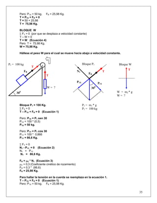 Pero: P1X = 50 kg.   FR = 25,98 Kg.
        T = P1X + FR = 0
        T = 50 + 25,98
        T = 75,98 Kg.

        BLOQUE W
        Σ FY = 0 (por que se desplaza a velocidad constante)
        T–W=0
        T = W (Ecuación 4)
        Pero T = 75,98 Kg.
        W = 75,98 Kg.

        Hállese el peso W para el cual se mueve hacia abajo a velocidad constante.


P1 = 100 kg                                                   Bloque P1                Bloque W
                   T
                                                                                             T
              FR                                        N1                        T
                                                                  FR
                             T

                                                        P1X                 P1Y
                             W= ?                                   30 0


     300                                                                              W = m2 * g
                                                                                      W= ?


        Bloque P1 = 100 Kg.                                   P1 = m1 * g
        Σ FX = 0                                              P1 = 100 kg
        T – P1X + FR = 0 (Ecuación 1)

        Pero: P1X = P1 sen 30
        P1X = 100 * (0,5)
        P1X = 50 kg.

        Pero: P1Y = P1 cos 30
        P1Y = 100 * 0,866
        P1Y = 86,6 Kg.

        Σ FY = 0
        N1 - P1Y = 0 (Ecuación 2)
        N1 = P1Y
        N1 = 86,6 Kg.

        FR = μC * N1 (Ecuación 3)
        μC = 0,3 (Coeficiente cinético de rozamiento)
        FR = 0,3 * (86,6)
        FR = 25,98 Kg.

        Para hallar la tensión en la cuerda se reemplaza en la ecuación 1.
        T – P1X + FR = 0 (Ecuación 1)
        Pero: P1X = 50 kg. FR = 25,98 Kg.


                                                                                                   35
 