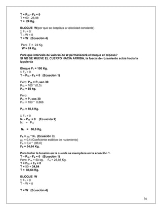 T = P1X - FR = 0
T = 50 - 25,98
T = 24 Kg.

BLOQUE W(por que se desplaza a velocidad constante)
Σ FY = 0
T–W=0
T = W (Ecuación 4)

Pero T = 24 Kg.
W = 24 Kg.

Para que intervalo de valores de W permanecerá el bloque en reposo?
SI NO SE MUEVE EL CUERPO HACIA ARRIBA, la fuerza de rozamiento actúa hacia la
izquierda

Bloque P1 = 100 Kg.
Σ FX = 0
T – P1X - FR = 0 (Ecuación 1)

Pero: P1X = P1 sen 30
P1X = 100 * (0,5)
P1X = 50 kg.

Pero:
P1Y = P1 cos 30
P1Y = 100 * 0,866

P1Y = 86,6 Kg.

Σ FY = 0
N1 - P1Y = 0   (Ecuación 2)
N1 = P1Y

N1 = 86,6 Kg.

FR = μC * N1 (Ecuación 3)
μC = 0,4 (Coeficiente estático de rozamiento)
FR = 0,4 * (86,6)
FR = 34,64 Kg.

Para hallar la tensión en la cuerda se reemplaza en la ecuación 1.
T – P1X - FR = 0 (Ecuación 1)
Pero: P1X = 50 kg. FR = 25,98 Kg.
T = P1X + FR = 0
T = 50 + 34,64
T = 84,64 Kg.

BLOQUE W
Σ FY = 0
T–W=0

T = W (Ecuación 4)

                                                                                36
 
