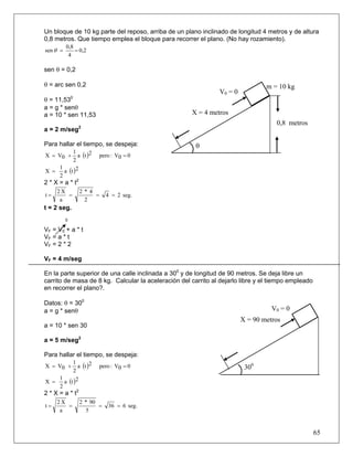 Un bloque de 10 kg parte del reposo, arriba de un plano inclinado de longitud 4 metros y de altura
0,8 metros. Que tiempo emplea el bloque para recorrer el plano. (No hay rozamiento).
          0,8
sen θ =       = 0,2
           4

sen θ = 0,2

θ = arc sen 0,2                                                                  m = 10 kg
                                                                V0 = 0
θ = 11,530
a = g * senθ
a = 10 * sen 11,53                                   X = 4 metros
                                                                                    0,8 metros
a = 2 m/seg2

Para hallar el tiempo, se despeja:                     θ
           1
X = V0 + a (t )2         pero : V0 = 0
           2
    1
X =    a (t )2
     2
2 * X = a * t2
     2X          2*4
t=      =            =      4 = 2 seg.
      a           2
t = 2 seg.
          0

VF = V0 + a * t
VF = a * t
VF = 2 * 2

VF = 4 m/seg

En la parte superior de una calle inclinada a 300 y de longitud de 90 metros. Se deja libre un
carrito de masa de 8 kg. Calcular la aceleración del carrito al dejarlo libre y el tiempo empleado
en recorrer el plano?.

Datos: θ = 300
a = g * senθ                                                                       V0 = 0
                                                                         X = 90 metros
a = 10 * sen 30

a = 5 m/seg2

Para hallar el tiempo, se despeja:
          1
X = V0 +     a (t )2     pero : V0 = 0                                    300
          2
    1
X =   a (t )2
    2
2 * X = a * t2
     2X          2 * 90
t=      =               =   36 = 6 seg.
      a            5


                                                                                                     65
 