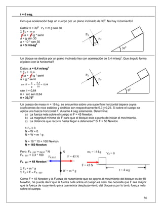 t = 6 seg.

Con que aceleración baja un cuerpo por un plano inclinado de 300. No hay rozamiento?

Datos: θ = 300 PX = m g sen 30
Σ FX = m a
 m a = m g * senθ                                  PX
a = g sen 30                                                         PY
a = 10 * sen 30                                             30   0

a = 5 m/seg2
                                                                                     300


Un bloque se desliza por un plano inclinado liso con aceleración de 6,4 m/seg2. Que ángulo forma
el plano con la horizontal?

Datos: a = 6,4 m/seg2
Σ FX = m a
 m a = m g * senθ                                  PX
a = g * senθ                                                         PY
        a   6,4
sen θ =   =     = 0,64
        g   10
sen θ = 0,64                                                                               θ0
θ = arc sen 0,64
θ = 39,790

Un cuerpo de masa m = 16 kg. se encuentra sobre una superficie horizontal áspera cuyos
coeficientes de roce estático y cinético son respectivamente 0,3 y 0,25. Si sobre el cuerpo se
aplica una fuerza horizontal F, durante 4 seg solamente. Determine:
    a) La fuerza neta sobre el cuerpo si F = 45 Newton.
    b) La magnitud mínima de F para que el bloque este a punto de iniciar el movimiento.
    c) La distancia que recorre hasta llegar a detenerse? Si F = 50 Newton

     Σ FY = 0
     N–W=0
     N=W=m*g

     N = 16 * 10 = 160 Newton
     N = 160 Newton

Pero: FR EST = μEST * N           N                 m1 = 16 kg            V0 = 0
FR EST = 0,3 * 160
                         FR EST       F = 45 N
FR   EST   = 48 Newton
                                                 F = 45 N
Σ FX = m * a                                                                       t = 4 seg
Σ FX = F – FR                     W=m*g
                 EST


Como F = 45 Newton y la Fuerza de rozamiento que se opone al movimiento del bloque es de 48
Newton, Se puede decir que la fuerza neta sobre el cuerpo es cero. Se necesita que F sea mayor
que la fuerza de rozamiento para que exista desplazamiento del bloque y por lo tanto fuerza neta
sobre el cuerpo.


                                                                                                 66
 