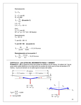 Reemplazando

       T2 = T1X

       T2 = T1 cos 60
       T2 = T1 0,5
           T
       T1 = 2 (Ecuación 1)
           0,5
       Σ FY = 0
       Σ FY = T1Y - W = 0

       Pero:
       T1y = T1 sen 60
       W = m * g = 10 * 9,8 = 98 Newton

       Reemplazando
       T1Y - W = 0

       T1 sen 60 – 98 = 0

       T1 sen 60 = 98   (ecuación 2)

                98      98
       T1 =          =       = 113,16 Newton
              sen 60   0,866

       Reemplazando en la ecuación 1
           T    113,16
       T1 = 2 =        = 56,58 Newton
           0,5    0,5


CAPITULO 5 LAS LEYES DEL MOVIMIENTO FISICA 1 SERWAY
Problema 5 – 29 La distancia entre dos postes de teléfono es 45 metros. Un pájaro de 1 kg se
posa sobre cable telefónico a la mitad entre los postes de modo que la línea se pandea 0,18
metros. Cual es la tensión en el cable (Ignore el peso del cable).

                            45 metros
          22.5 metros                   22.5 metros

               θ                               θ       0,18 m




                            m = 1 Kg                              TX
                                                                              TX
                            W=m*g
                                                       TY
                                                                                               TY
       0,18
Tg θ =      = 0,008
       22,5
                                                                m = 1 Kg
θ = arc tg 0,008
                                                                W=m*g
                                                                                               81
 