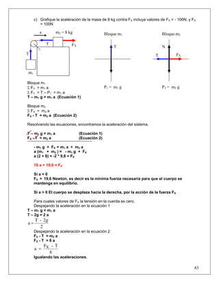 c) Grafique la aceleración de la masa de 8 kg contra FX incluya valores de FX = - 100N. y FX
        = 100N

        a          m2 = 8 kg                   Bloque m1                      Bloque m2

             T             FX                      T                          N
T                                                                         T           FX



m1

Bloque m1
Σ FY = m1 a                                    P1 = m1 g                      P2 = m2 g
Σ FY = T – P1 = m1 a
T – m1 g = m1 a (Ecuación 1)

Bloque m2
Σ FX = m2 a
FX - T = m2 a (Ecuación 2)

Resolviendo las ecuaciones, encontramos la aceleración del sistema.

T – m 1 g = m1 a                (Ecuación 1)
F X - T = m2 a                  (Ecuación 2)

     - m1 g + FX = m1 a + m2 a
     a (m1 + m2 ) = - m1 g + FX
     a (2 + 8) = -2 * 9,8 + FX

     10 a + 19,6 = FX

     Si a = 0
     FX = 19,6 Newton, es decir es la mínima fuerza necesaria para que el cuerpo se
     mantenga en equilibrio.

     Si a > 0 El cuerpo se desplaza hacia la derecha, por la acción de la fuerza FX

    Para cuales valores de FX la tensión en la cuerda es cero.
    Despejando la aceleración en la ecuación 1
T – m1 g = m1 a
T – 2g = 2 a
     T - 2g
a=
       2
     Despejando la aceleración en la ecuación 2
     F X - T = m2 a
     FX - T = 8 a
            FX - T
     a =
              8
     Igualando las aceleraciones.

                                                                                                83
 