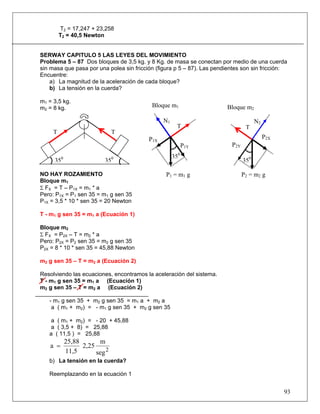 T2 = 17,247 + 23,258
         T2 = 40,5 Newton


SERWAY CAPITULO 5 LAS LEYES DEL MOVIMIENTO
Problema 5 – 87 Dos bloques de 3,5 kg. y 8 Kg. de masa se conectan por medio de una cuerda
sin masa que pasa por una polea sin fricción (figura p 5 – 87). Las pendientes son sin fricción:
Encuentre:
    a) La magnitud de la aceleración de cada bloque?
    b) La tensión en la cuerda?

m1 = 3,5 kg.
m2 = 8 kg.                                 Bloque m1                    Bloque m2

                                                N1                                    N2
                                                      T                          T
     T                        T
                                          P1X                                              P2X
                                                           P1Y            P2Y
                                                     350
     350                 350                                                    350

NO HAY ROZAMIENTO                               P1 = m1 g                       P2 = m2 g
Bloque m1
Σ FX = T – P1X = m1 * a
Pero: P1X = P1 sen 35 = m1 g sen 35
P1X = 3,5 * 10 * sen 35 = 20 Newton

T - m1 g sen 35 = m1 a (Ecuación 1)

Bloque m2
Σ FX = P2X – T = m2 * a
Pero: P2X = P2 sen 35 = m2 g sen 35
P2X = 8 * 10 * sen 35 = 45,88 Newton

m2 g sen 35 – T = m2 a (Ecuación 2)

Resolviendo las ecuaciones, encontramos la aceleración del sistema.
T - m1 g sen 35 = m1 a (Ecuación 1)
m2 g sen 35 – T = m2 a (Ecuación 2)

   - m1 g sen 35 + m2 g sen 35 = m1 a + m2 a
    a ( m1 + m2) = - m1 g sen 35 + m2 g sen 35

    a ( m1 + m2) = - 20 + 45,88
    a ( 3,5 + 8) = 25,88
   a ( 11,5 ) = 25,88
           25,88       m
    a =          2,25
           11,5       seg 2
   b) La tensión en la cuerda?

   Reemplazando en la ecuación 1


                                                                                                 93
 