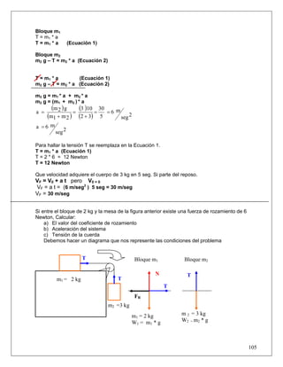 105
Bloque m1
T = m1 * a
T = m1 * a (Ecuación 1)
Bloque m2
m2 g – T = m2 * a (Ecuación 2)
T = m1 * a (Ecuación 1)
m2 g – T = m2 * a (Ecuación 2)
m2 g = m1 * a + m2 * a
m2 g = (m1 + m2 ) * a
( )
( )
( )
( ) 2seg
m6
5
30
32
103
2m1m
g2m
a ==
+
=
+
=
2seg
m6a =
Para hallar la tensión T se reemplaza en la Ecuación 1.
T = m1 * a (Ecuación 1)
T = 2 * 6 = 12 Newton
T = 12 Newton
Que velocidad adquiere el cuerpo de 3 kg en 5 seg. Si parte del reposo.
VF = V0 + a t pero V0 = 0
VF = a t = (6 m/seg2
) 5 seg = 30 m/seg
VF = 30 m/seg
Si entre el bloque de 2 kg y la mesa de la figura anterior existe una fuerza de rozamiento de 6
Newton, Calcular:
a) El valor del coeficiente de rozamiento
b) Aceleración del sistema
c) Tensión de la cuerda
Debemos hacer un diagrama que nos represente las condiciones del problema
FR
N T
Bloque m1 Bloque m2
m 2 = 3 kg
W2 = m2 * g
T
m2 =3 kg
T
Tm1 = 2 kg
m1 = 2 kg
W1 = m1 * g
 